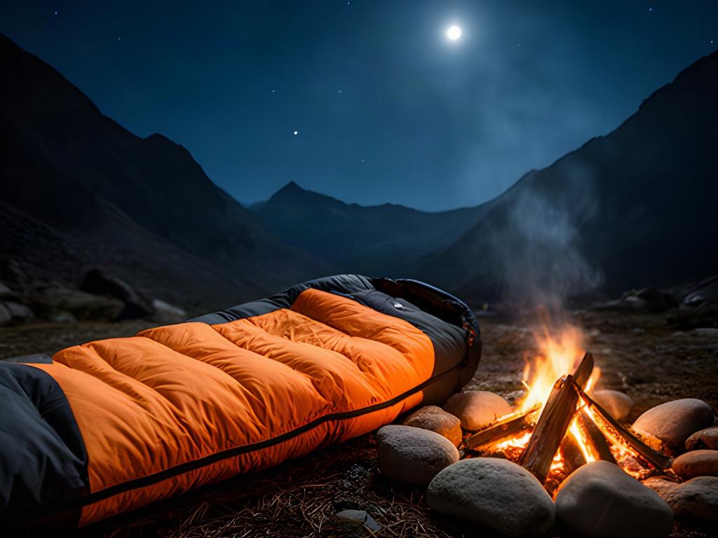 Warmer Daunenschlafsack neben einem Lagerfeuer in einer stillen Bergnacht
