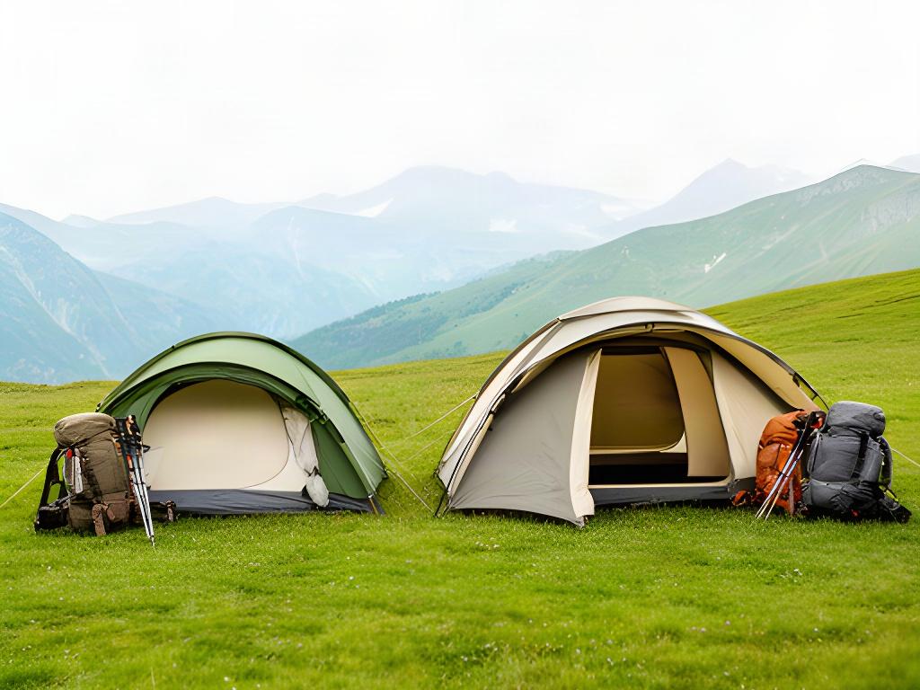 Leichtes Trekkingzelt und geräumiges Familienzelt nebeneinander auf einer grünen Wiese