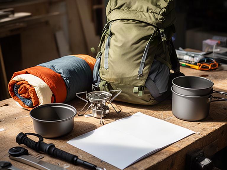 Zusammengestellte Campingausrüstung mit Kocher, Schlafsack und Rucksack auf einer Werkbank