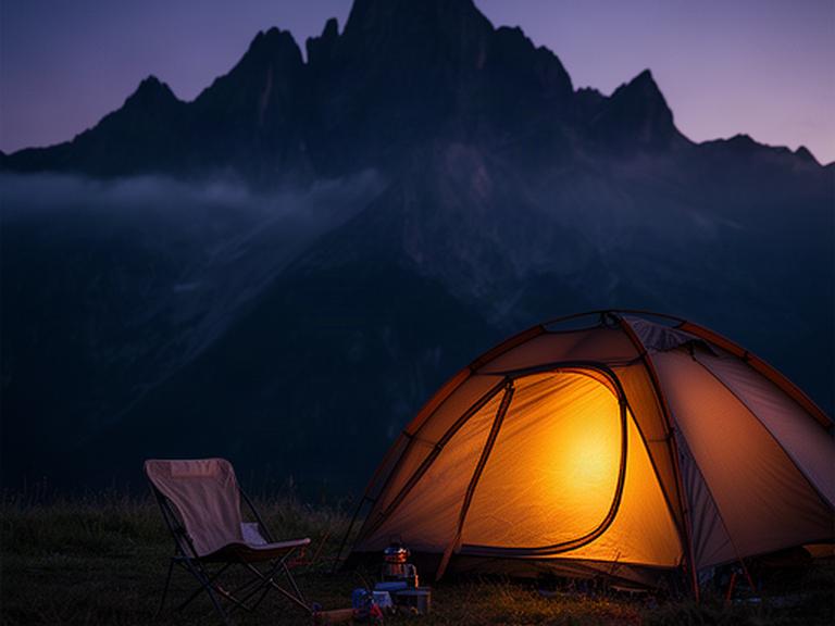 Beleuchtetes Zelt am Abend mit Campingstuhl und Bergen im Hintergrund