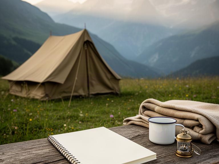 Ruhiger Zeltplatz im Wallis mit geschütztem Notizbuch und Campingausrüstung