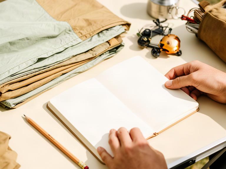 Hände prüfen eine Bestellung mit Notizbuch und Zeltstoff auf einem hellen Campingtisch