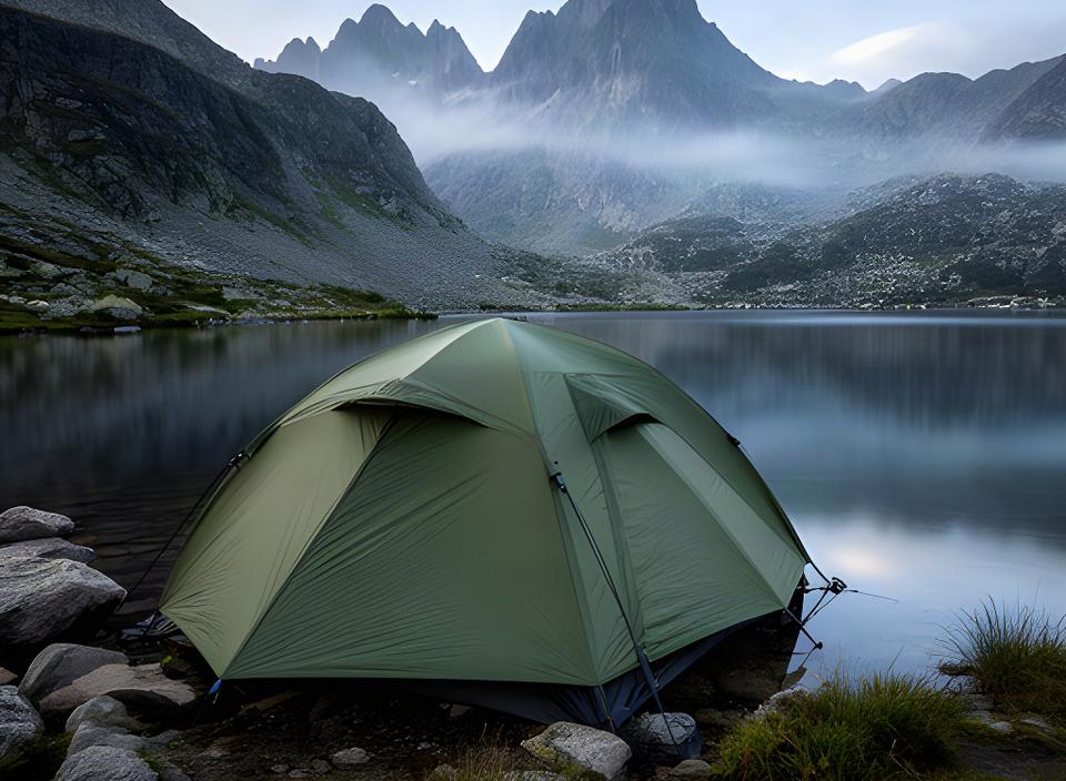 Grünes Kuppelzelt am stillen Bergsee mit felsigen Gipfeln im Hintergrund