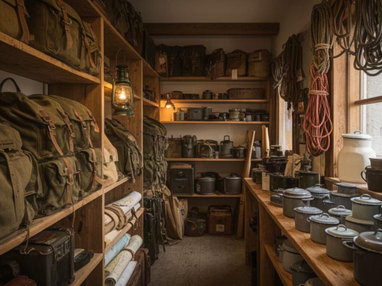 Historisches Ladenlokal für Campingausrüstung in Sion mit Holzregalen und alten Rucksäcken