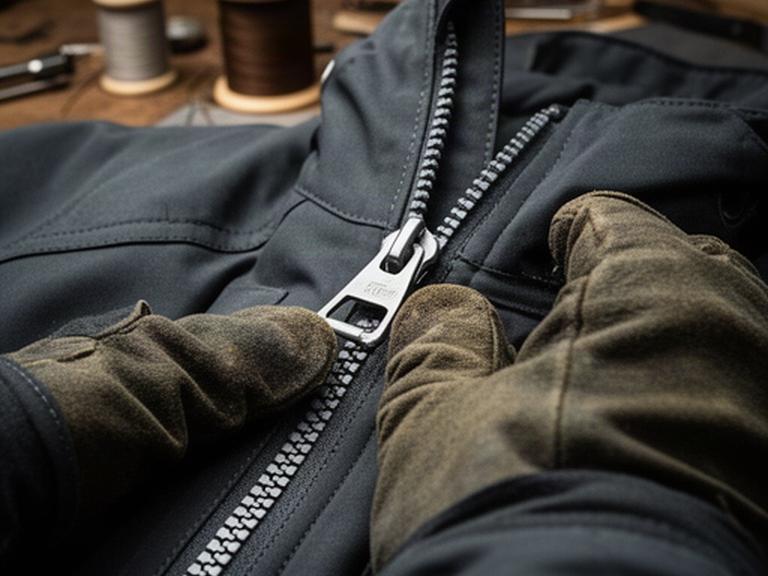 Nahaufnahme eines stabilen Reissverschlusses an einer wetterfesten Outdoorjacke in einer Werkstatt