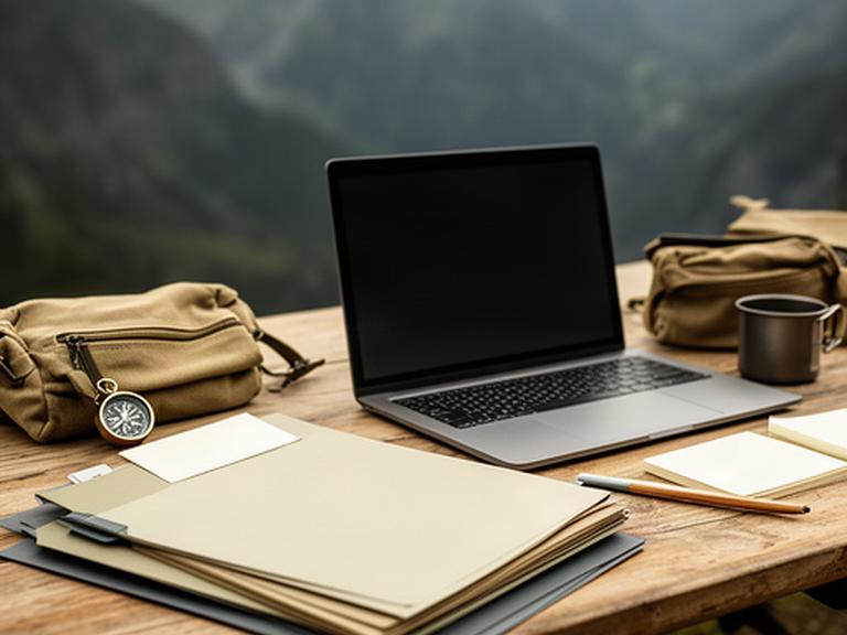 Papierunterlagen und Laptop mit geordneten Aufbewahrungsnotizen auf einem Campingtisch
