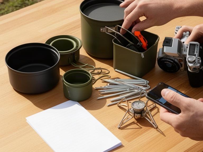 Campingkocher und Zeltzubehör werden bei Tageslicht auf sichtbare Mängel geprüft