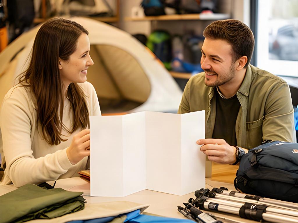 Kundin bei einer persönlichen Zeltberatung mit gefaltetem Campingplan im Laden