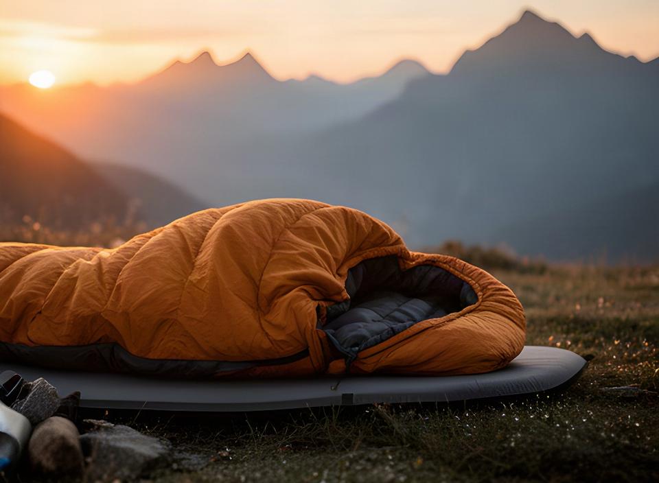 Warmer Kunstfaserschlafsack auf einer Isomatte im orangefarbenen Sonnenaufgang