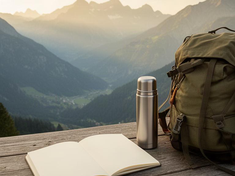 Notizbuch mit Kontaktangaben liegt neben Rucksack und Thermosflasche vor einer ruhigen Bergkulisse