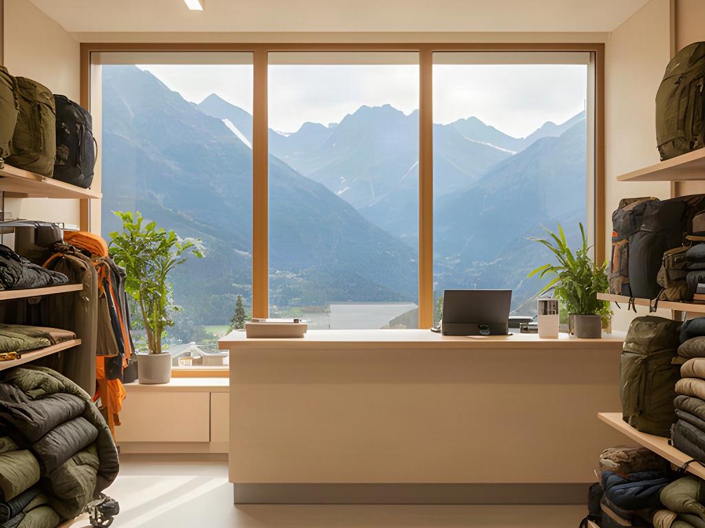 Helles Campinggeschäft in Sion mit Beratungstresen und Bergblick durch die Fenster