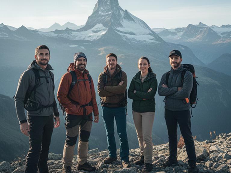 Team von Bergführern, Biologin und Produktdesigner vor dem Matterhorn bei klarem Morgenlicht