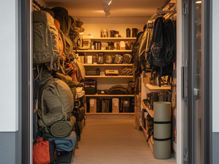 Geöffnete Ladentür mit Rucksäcken und Zelten im warm beleuchteten Verkaufsraum