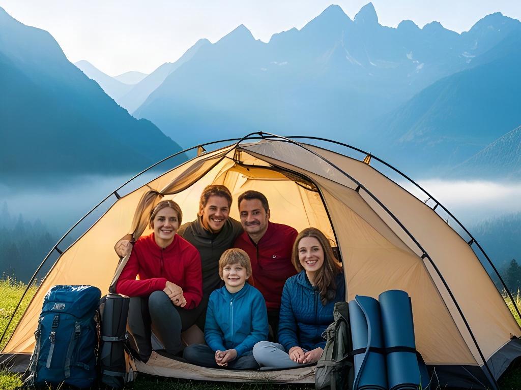 Familie vor einem geräumigen Kuppelzelt mit Alpenblick bei klarem Morgenlicht